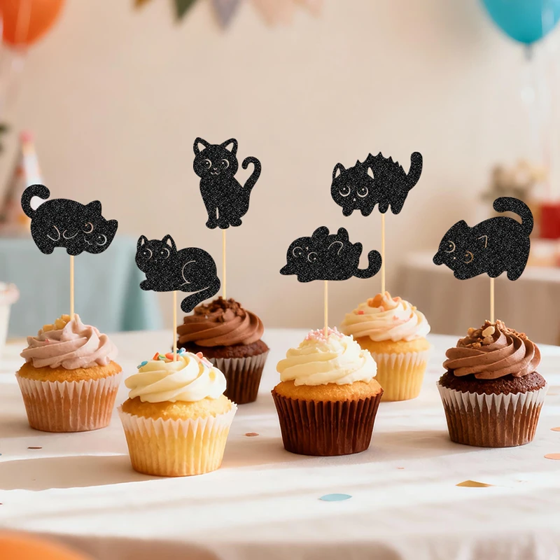 YOMDID 24 Stück Niedliche Katzen-Cupcake-Topper Glitzer-Katzen-Kuchendekoration Bambus-Kätzchen-Katzen-Geburtstagsdeko für Katzenliebhaber Kuchendekorationen