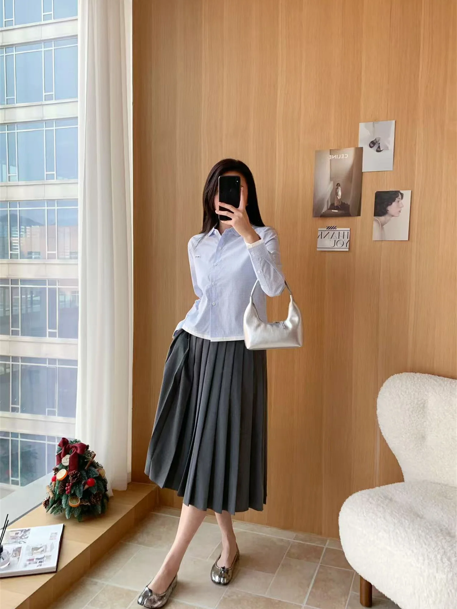 

Oxygen Plaid Shirt Doll Collar Pleated Skirt Women's Loose Fit Pure Cotton Long Sleeve Midi Shirt Autumn Spring