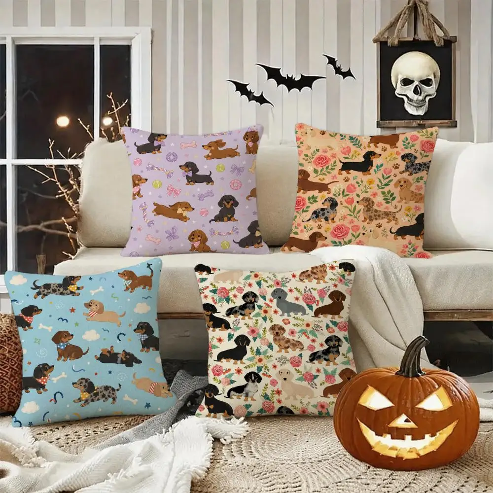 Cute Dachshund Pattern Set Cushion Cover Halloween decoration trick or treat cushion cover, ghost, pumpkin head, bat decoration
