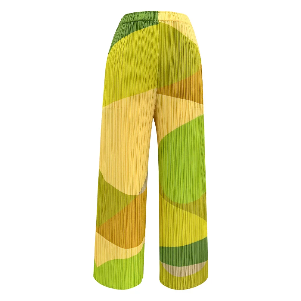 Miyake Women's Green Blue Color Block Geometric Print Pleated Pants, High Waist Wide Leg Casual Trousers