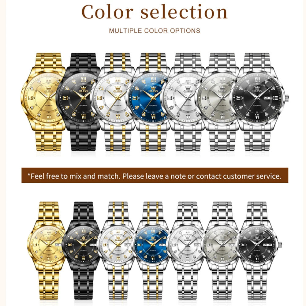 OLEVS Couple Watches 6727cp 2pcs Luxury Fashion Original Automatic Mechanical Watch for Lover Waterproof Luminous Date Week New