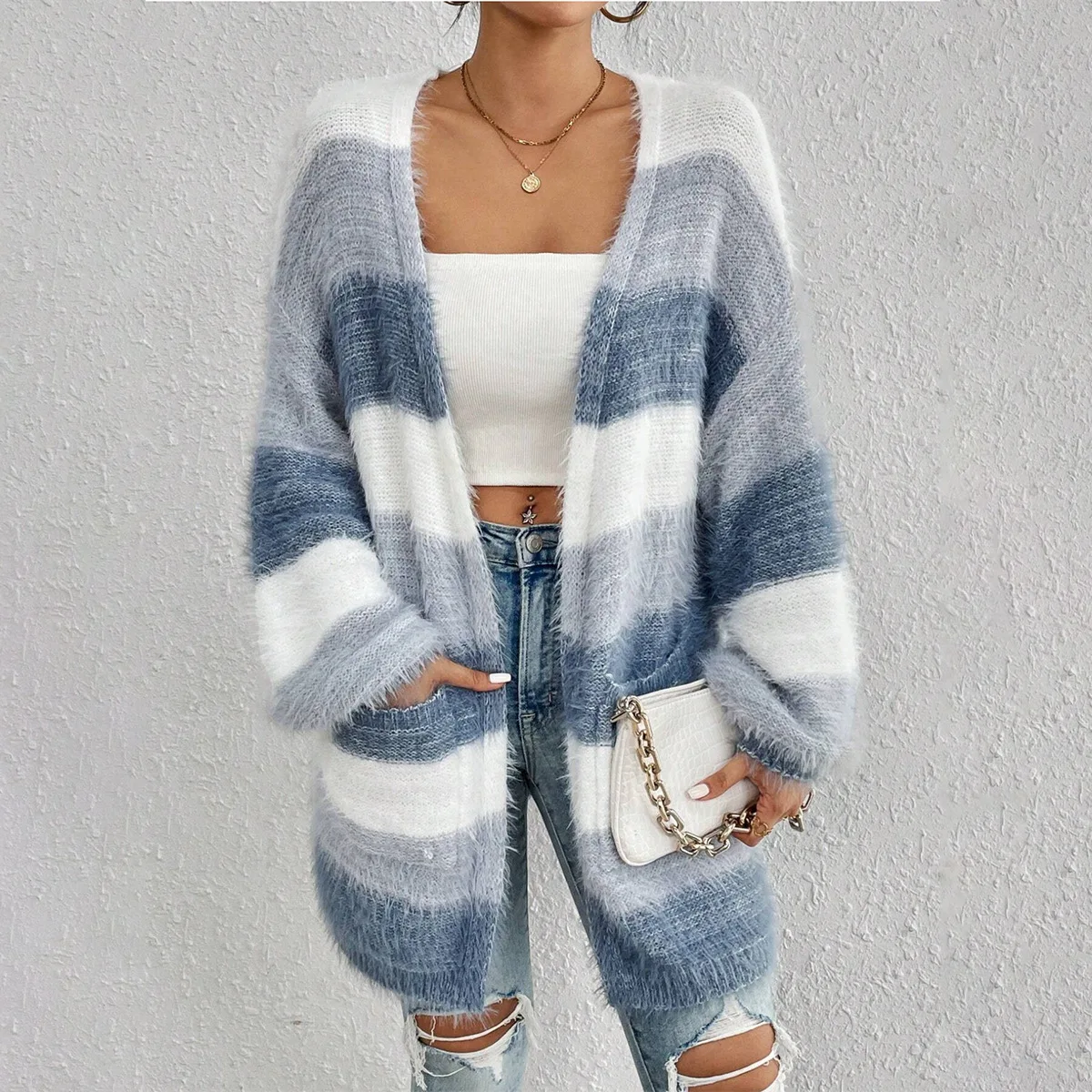 

2025 Autumn/Winter New Style Knitted Fur Coat, Long Sleeve Striped Color-Plaid Cardigan