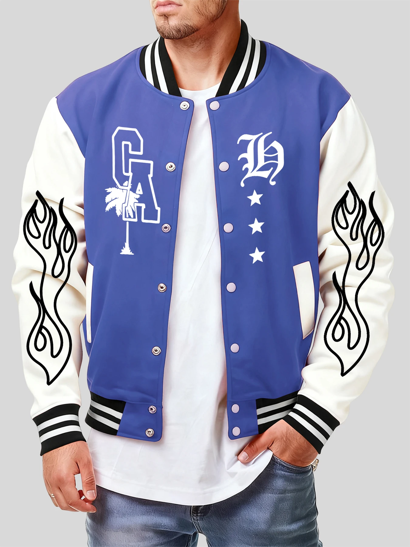 

Бейсбольный трикотаж с буквенным принтом Ca Flame Star для мужчин, модная повседневная уличная одежда, индивидуальная теплая одежда Y2K, осенняя свободная мужская одежда