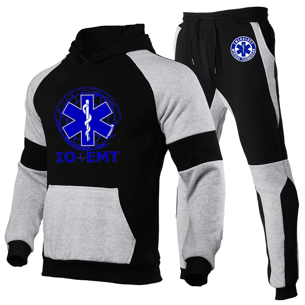 EMT Paramedic Emergency Medical 2023 New Men\'s Sportswear 2-piece sets Street Fashion fallow splice hoodie +trousers Suits