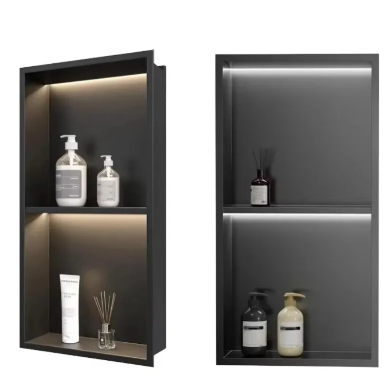 Bathroom shower wall niche 2-layer matte black built-in 304 stainless steel shower rack storage bathroom niche box with LED lig