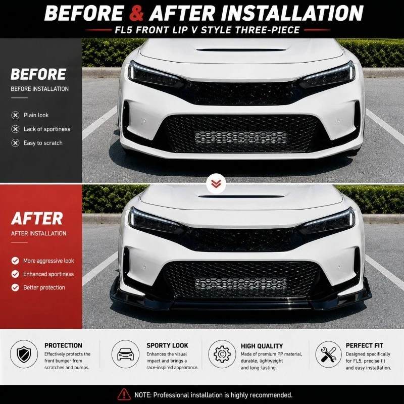 3 PCS For Honda Civic FL5 Type R 2021-2026 V Style Car Front Bumper Front Lip Spoiler Diffuser Body Kits Tuning Auto Accessories