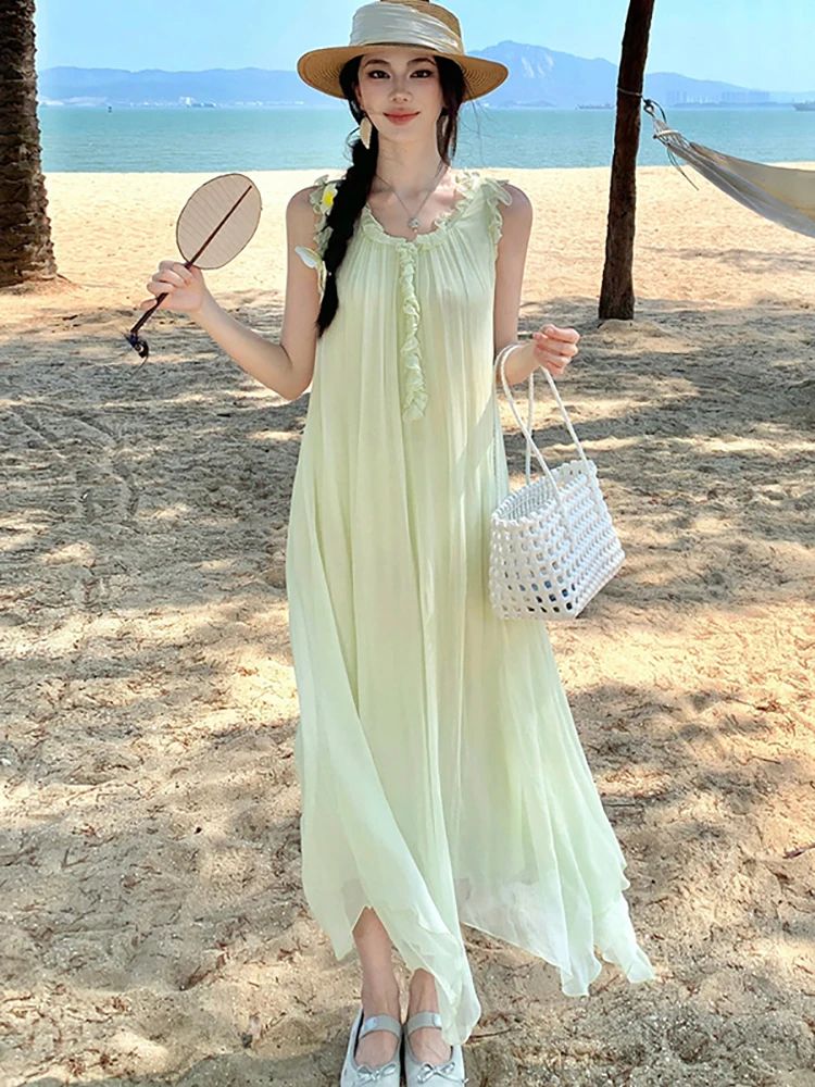 2026 Green Chiffon Loose Waist Casual Holiday Dress Summer Elegant Chic Ruffled V-Neck Sling Dress Women Korean Luxury Vestidos