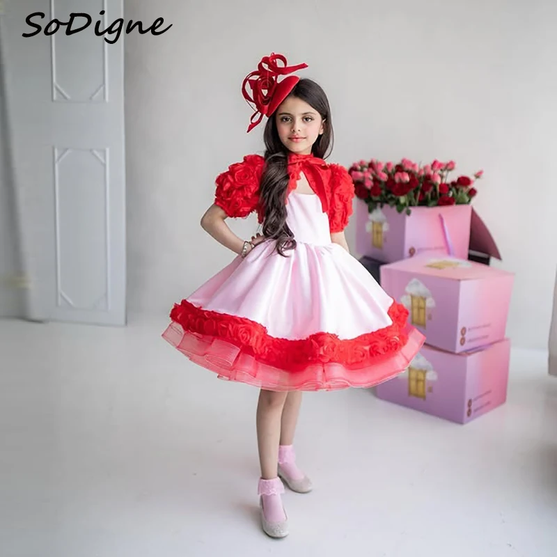 

SoDigne A-line Satin Flower Girl Dress High Neck Short Sleeves 2025 Arab Children's Dresses Princess Birthday Kid Gown Customize