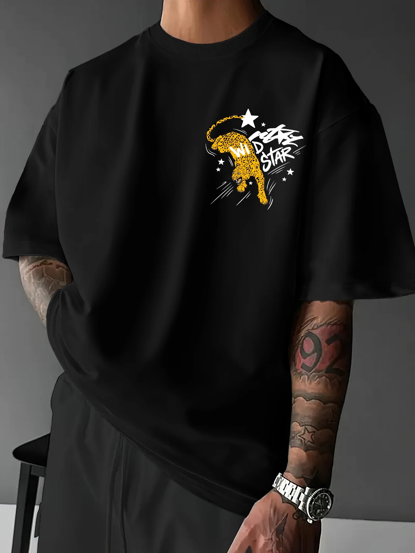 Men's Oversized Streetwear T-shirt Brand Wild Star Leopard Cheetah Graphic Print Loose Fit Cotton Short Sleeve Black Casual Tops