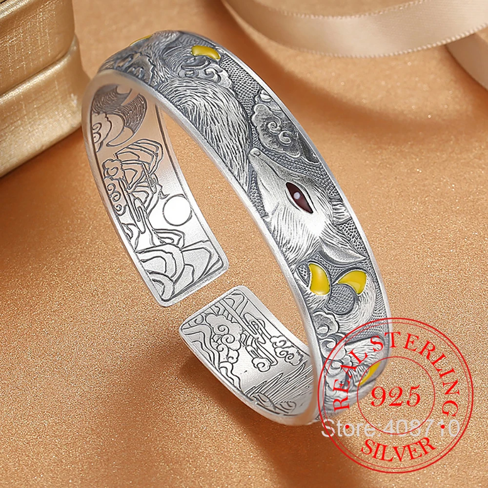 925 Sterling Silver Jewelry Vintage Peony Flower Cuff Bangles Bracelets for Women Wedding Party Jewelery For Girls Friends Gift
