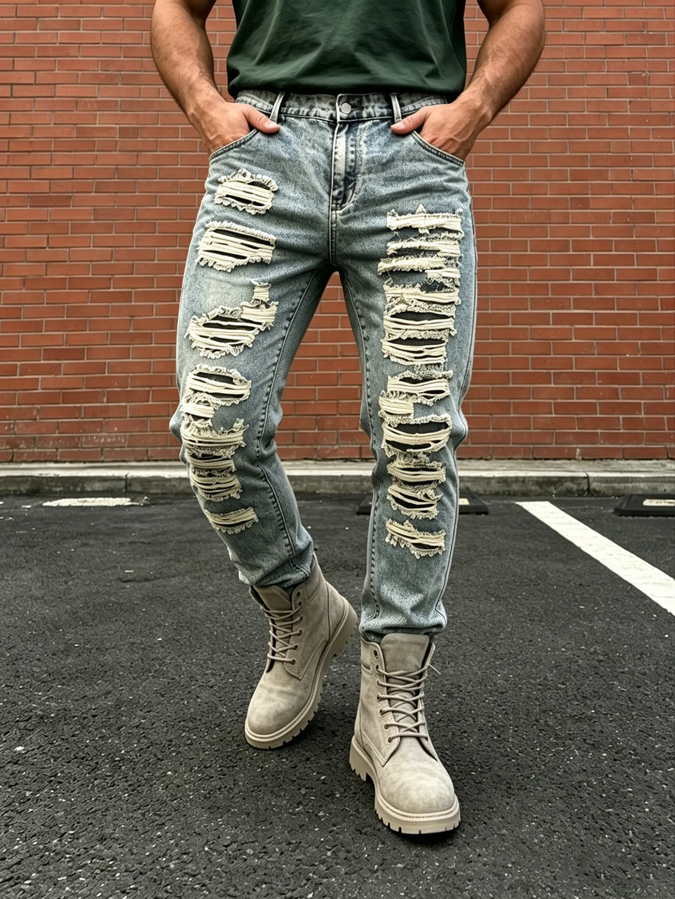Plus size men's ripped gray blue washed jeans heavy industry multi-layer raw edge ripped straight trousers handsome trendy men view 6