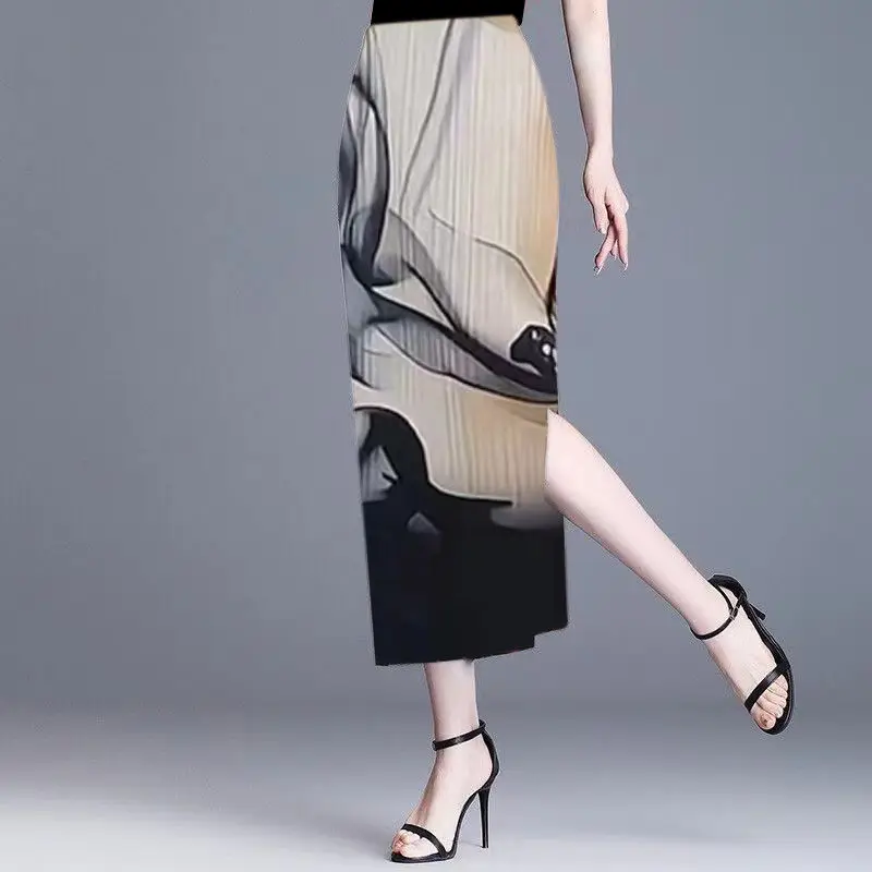 Skirt Printed Drooping Mid-length Slit Dancing Temperament High-waisted Slim Skirt