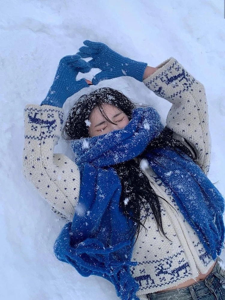 وشاح أزرق سميك للجنسين، دافئ للشتاء، متعدد الاستخدامات للسفر، طويل مستطيل الشكل، بأسلوب كوري، لون واحد، وشاح/شال للرجال والنساء