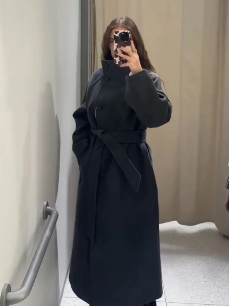 HH الشتاء معاطف النساء الأنيقة الصلبة عالية الياقة طويلة الأكمام جيوب حزام الديكور واحدة الصدر الإناث معطف طويل فضفاض