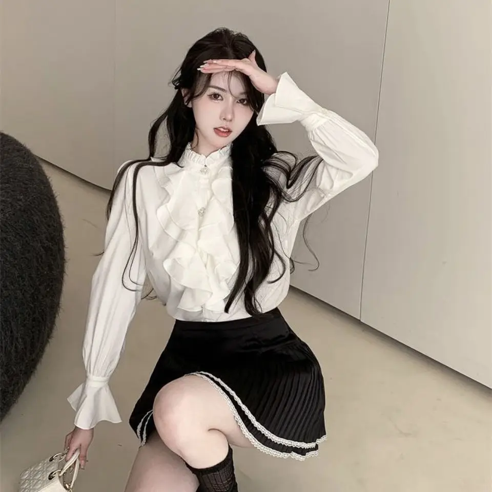 Women Blouse High Street Tops Korean Fashion Vintage Stand Collar Loose Long Sleeve Blouses Shirts Blusas Mujer White Shirt E139