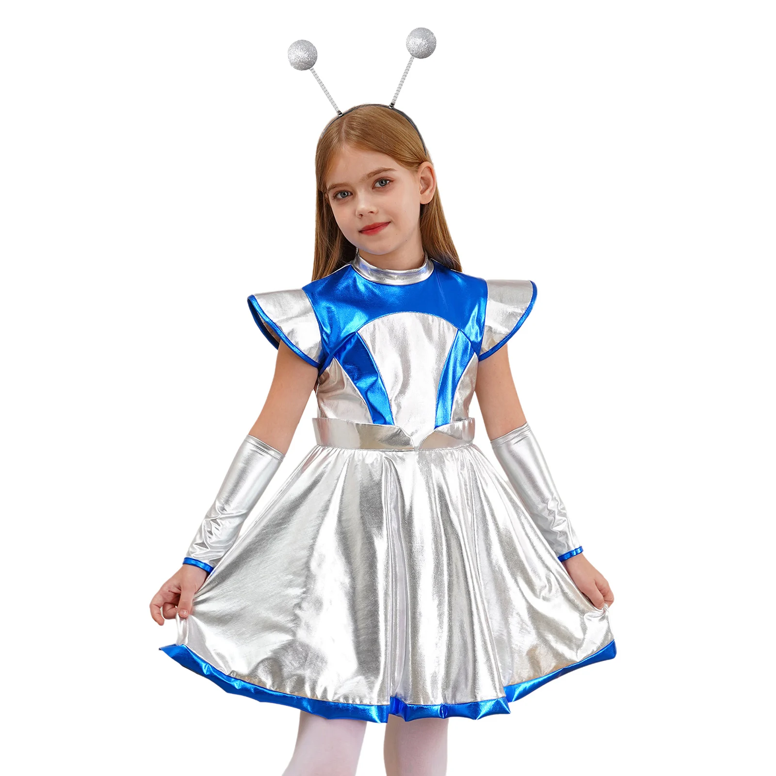 

Girls Alien Cosplay Costume Outer Space Cutie Costume Dress with Funny Alien Hair Hoop Accessories Halloween Masquerade Dress Up