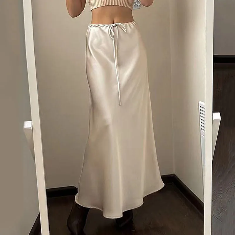 Femmes jupes en Satin élégant taille haute jupes longues pour les femmes couleur unie jupes mi-longues bureau dame haute rue jupes femmes vêtements
