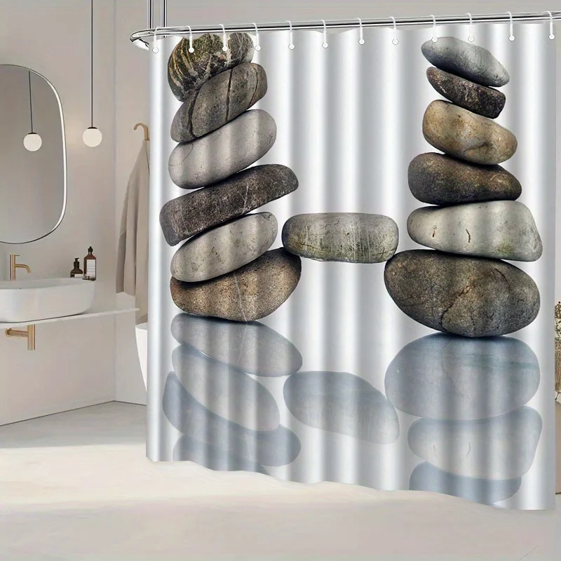 Zen Stone Stack Shower Curtain, Grey Pebble Balance Print Waterproof Bath Curtain, Spa Bathroom Decor for Home