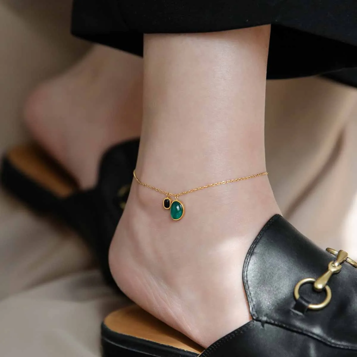 1 set of emerald obsidian pendant for women's chain ankles, stainless steel plated 18K gold for girls' ankles