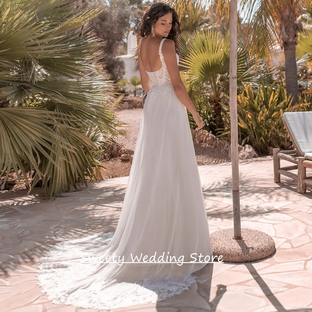 Cheap Bride Wedding Dress Customized Scoop Neck Sleeveless Lace Applique Sweep Train A Line Chiffon Robe Bridal Gown