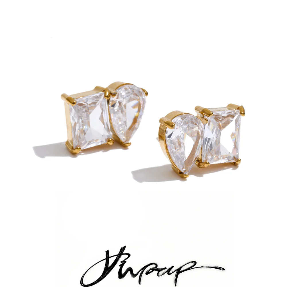 Yhpup Stainless Steel Cubic Zirconia Square Water Drop Daily Stud Earrings High Quality Shiny Fantasy Glamorous Jewelry Trendy