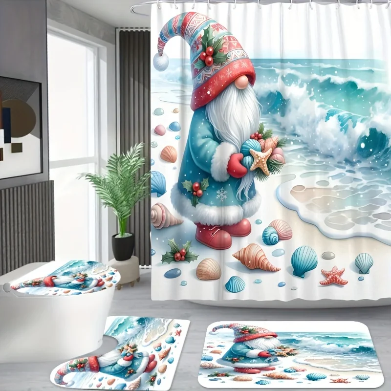 Coastal Christmas Gnome Bathroom Set with Seashell Design, Includes Machine Washable Fade-Resistant Bath Accessories with Hooks,