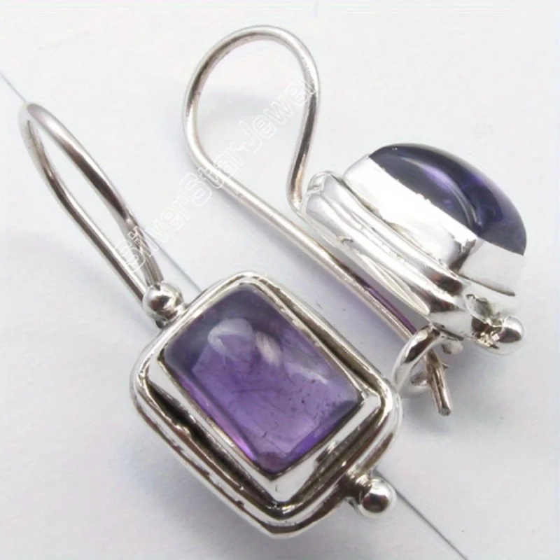 Simple Fashion Silver Color Square Inlaid with Purple Stones Dangle Earrings for Women Jewelry