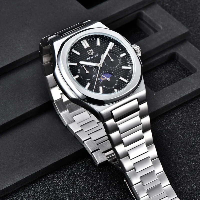 BENYAR Light luxury style Luxury Brand's 38MM Men's Quartz Watch Stainless Steel Waterproof Business Leisure Fashion Men's Watch