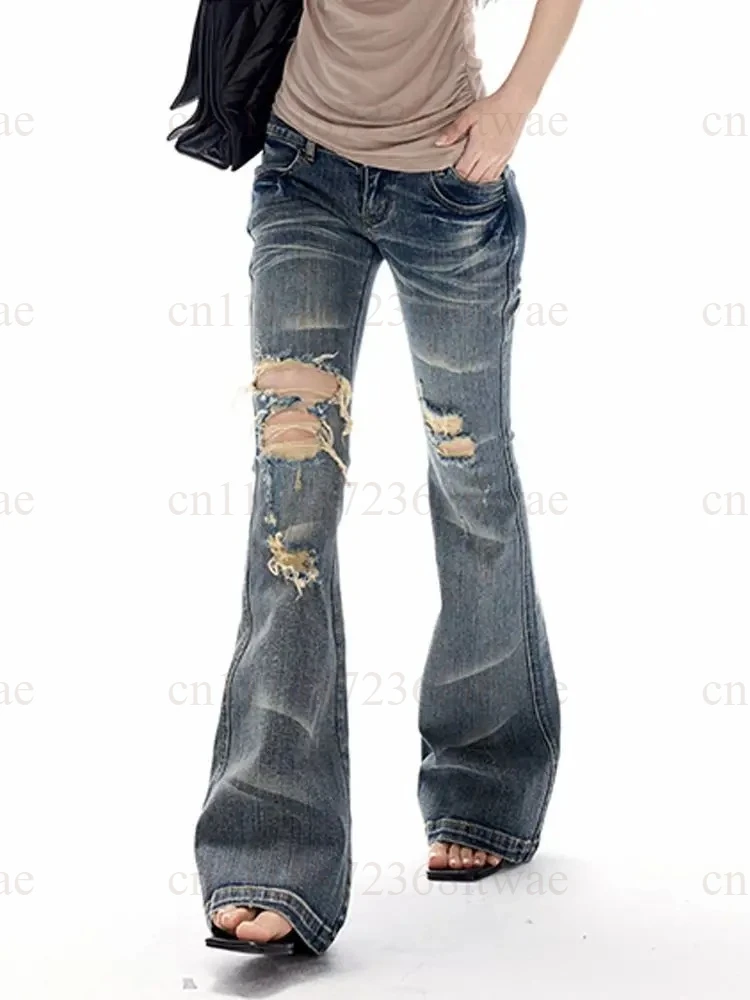 Y2k Vintage Blue Ripped Micro Flare Jeans Women High Street Hole Design Denim Pants Straight Fashion Denim Trousers