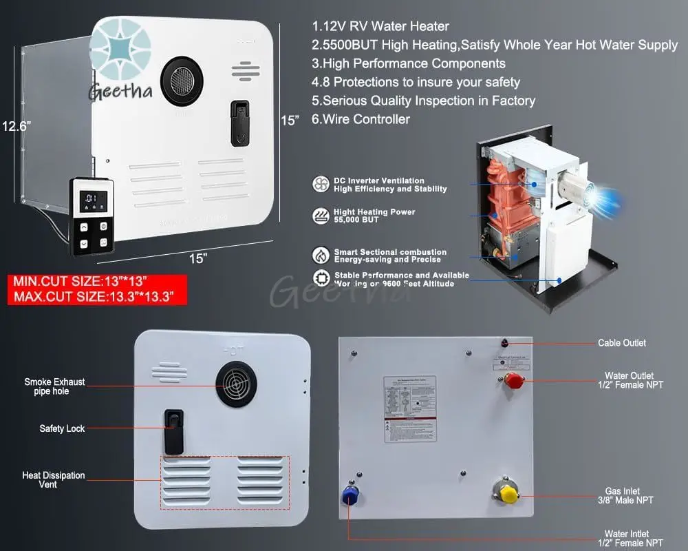 OGMIE 12V 10L 8L 6L DC Water Heater for Caravans Camping RV LPG 2.2GPM to 3.9GPM 42000BTU to 65000BTU Outdoor Shower