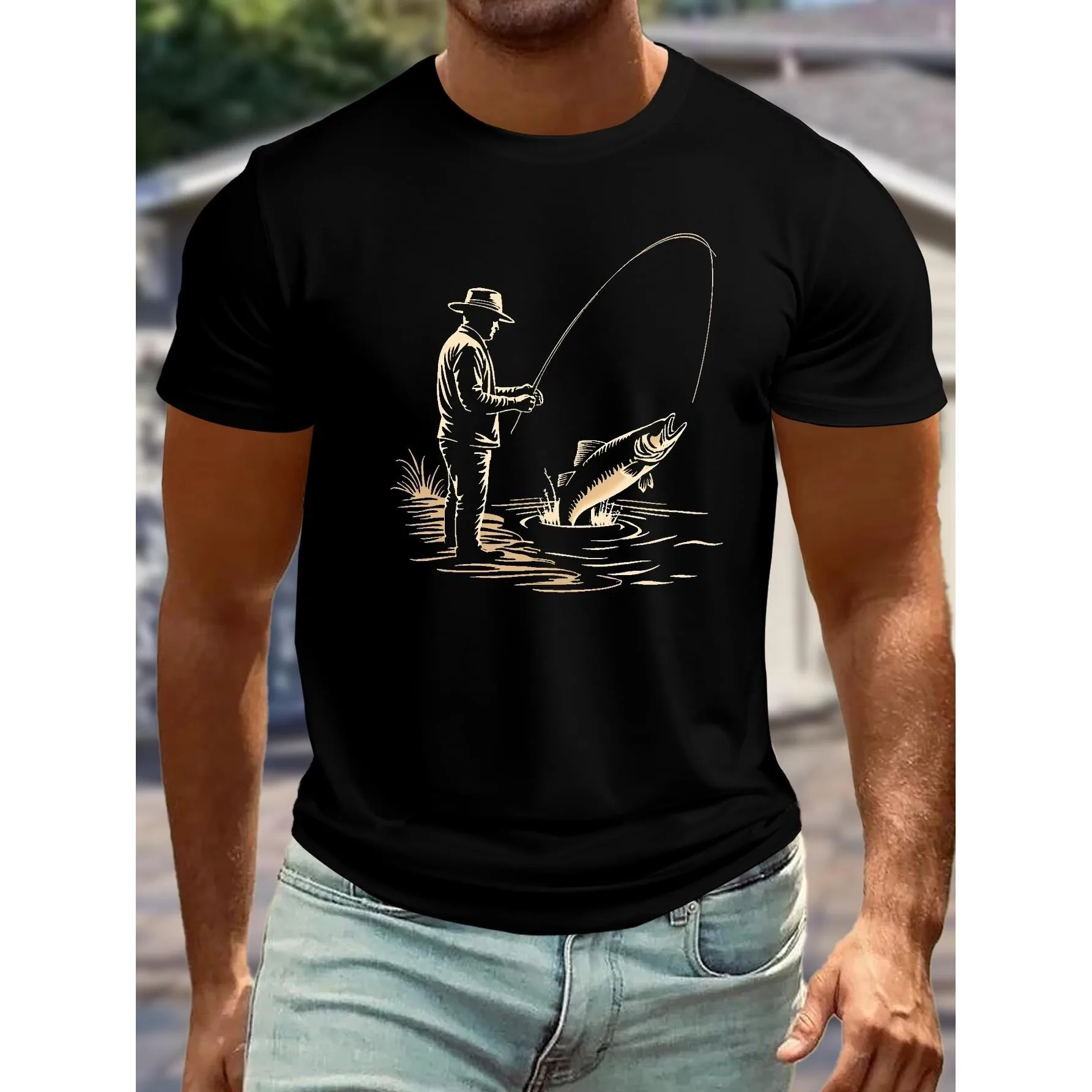 Fishing Scene Leaping Fish Graphic Men's Cotton Crew Neck T-Shirt Casual Breathable Daily Tee