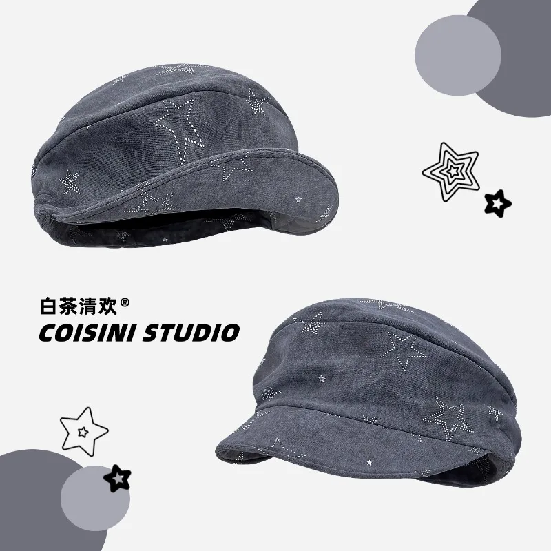 

Personalized Star Pattern Pleated Design Berets Y2K Summer and Autumn Travel Versatile Casual Retro Elegant Painter Hats Women