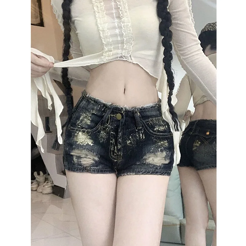 Pantalones cortos vaqueros americanos Y2K con agujeros para mujer, Mini pantalones cortos ajustados sexis de cintura baja, ropa de calle a la moda para mujer, pantalones vaqueros súper cortos de tendencia, novedad