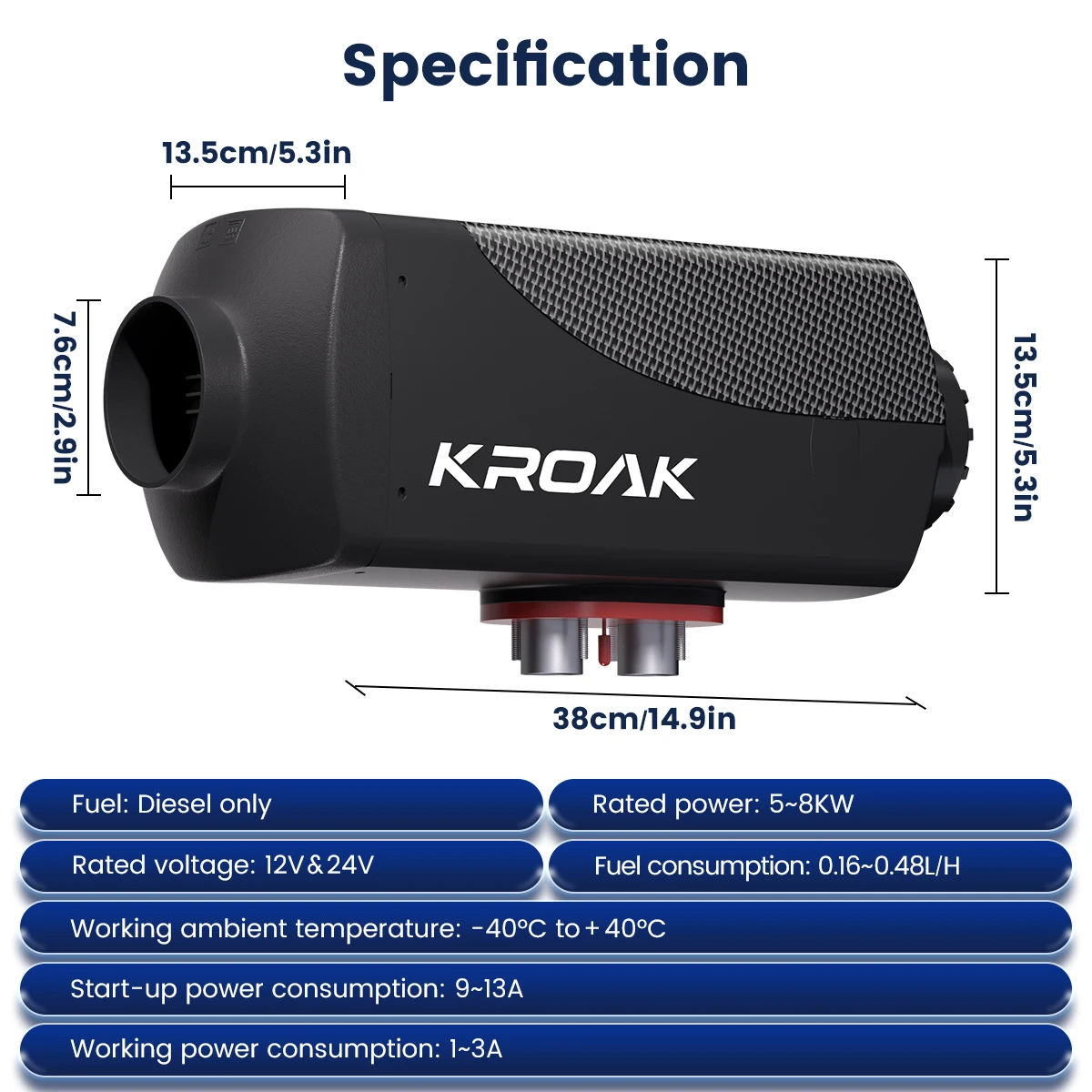 KROAK 12V-24V 5-8KW Riscaldatore di parcheggio per auto ad aria diesel Bluetooth LCD Telecomando Temperatura portatile regolabile