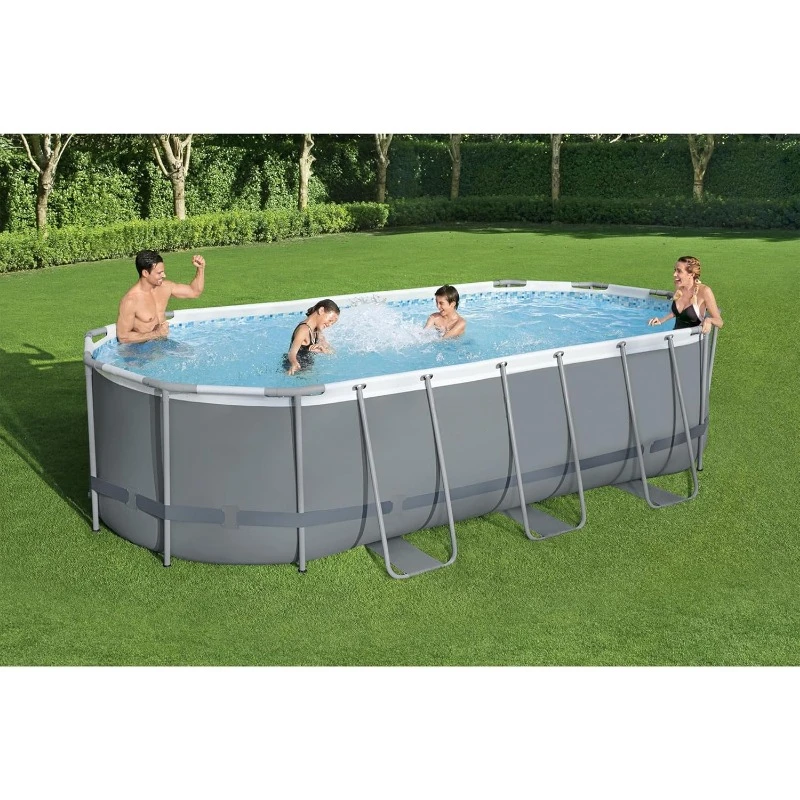 Conjunto de piscina externa acima do solo com estrutura de metal oval de 18' x 9' x 48" com bomba de filtro de 1500 GPH, escada e cobertura de piscina