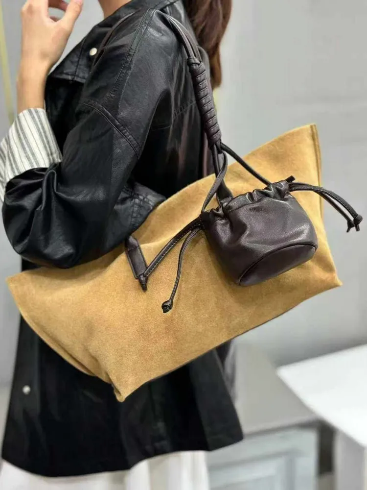 Japanese Genuine Leather Handbag Fashion Hidden Button Large Capacity Tote Solid Color Suede Cowhide Office Ladies Sling Bags