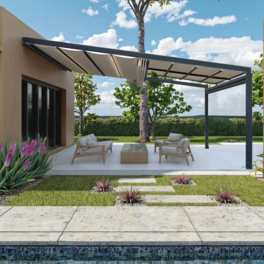 

Outdoor Balcony Backyard Remote Control Retractable Polyester Roof Trellis Aluminum Pergola With UV Protection And LED Lighting