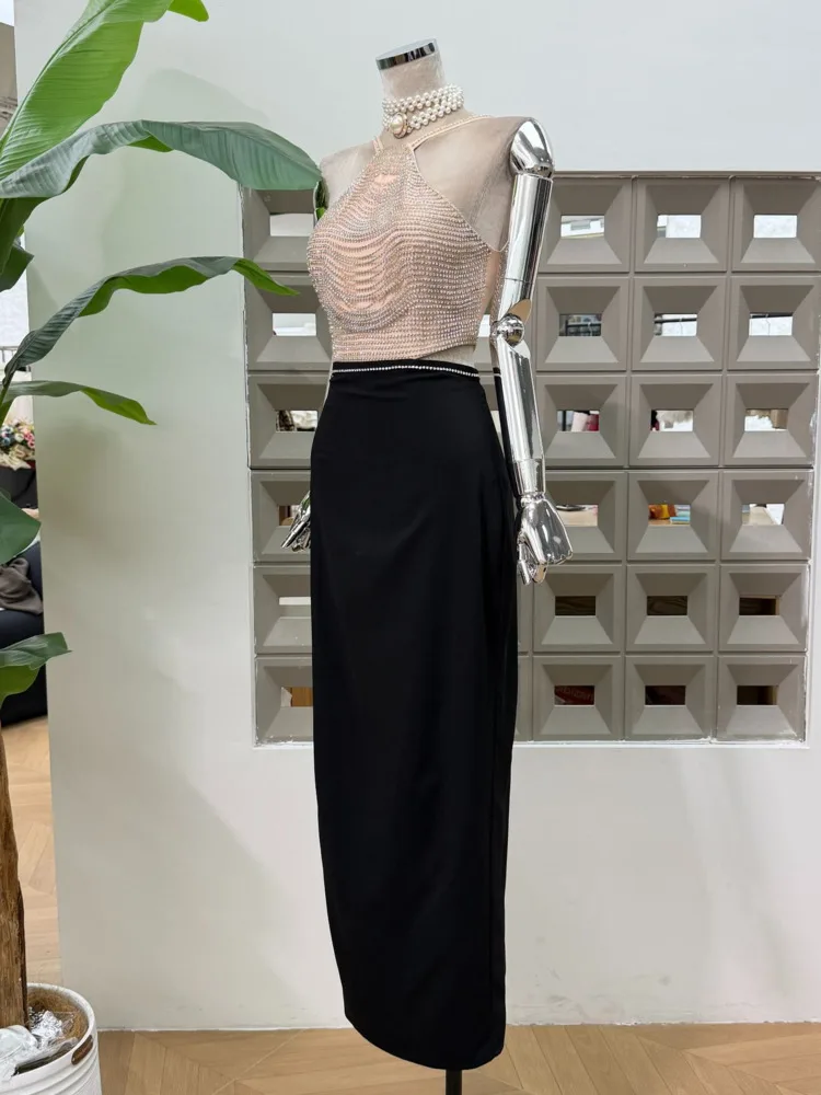 DFDG المرأة 2025 الربيع الصيف عارية فاخرة كريستال سلسلة فستان الرسن انقطاع Bodycon تنّورة مجسّمة تصميم فريد مساء فستان