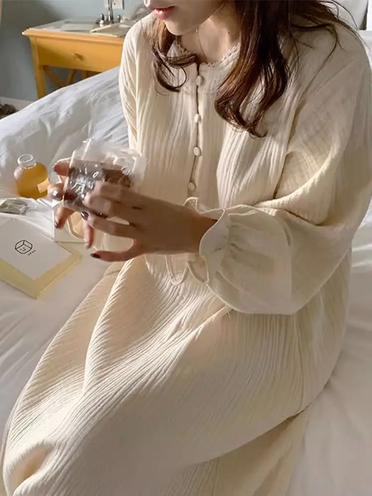 Long Sleeve Nightgowns Women Simple Cute Nightdress Korean Autumn Sweet Girls Round Neck Sleepwear Fashion Leisure Cozy Lounge - Image 2