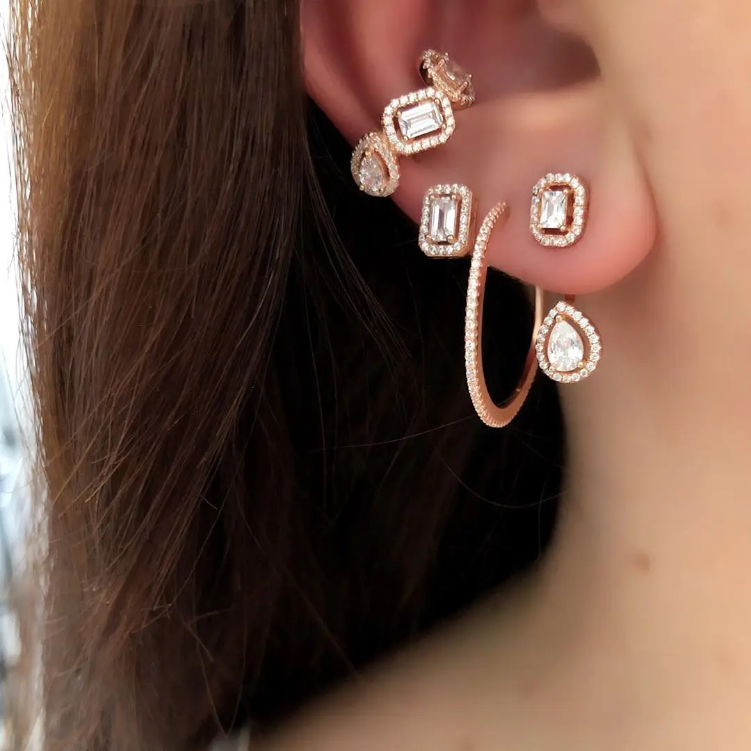 New Bling 1PCS Geometric Cz Ear Cuff/Clip Earrings for Women Paved White Cubic Zirconia Rose Gold/Platinum Color Fashion Jewelry