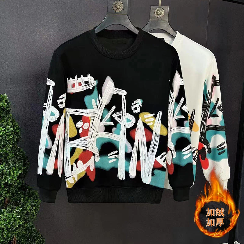 بلوزات رجالية سميكة قطيفة مع طباعة جرافيتي ، رقبة مستديرة ، أكمام طويلة ، بلوفر فضفاض ، ملابس الشارع الكورية ، العصرية ، Y2K ، الخريف ، الشتاء