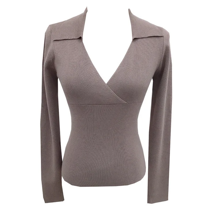 6356 Elastischer, dichter, sexy, süßer, würziger Umlegekragen, Kreuzwickel-Brust, schmale Passform, tiefer V-Ausschnitt, Strickpullover