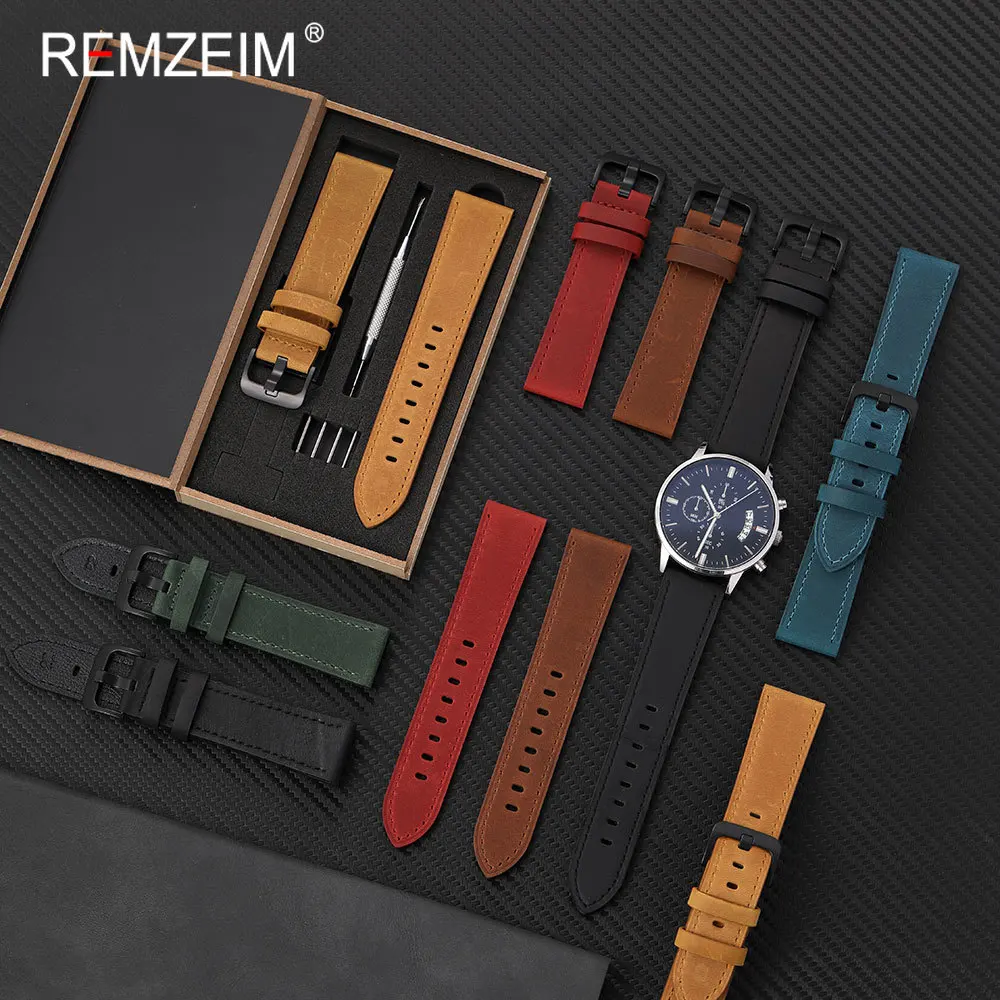 18/20/22/24mm Men Calfskin Genuine Leather Watchband with Black Pin Buckle and Gift Packing Box Vintage Strap Watch Accessories
