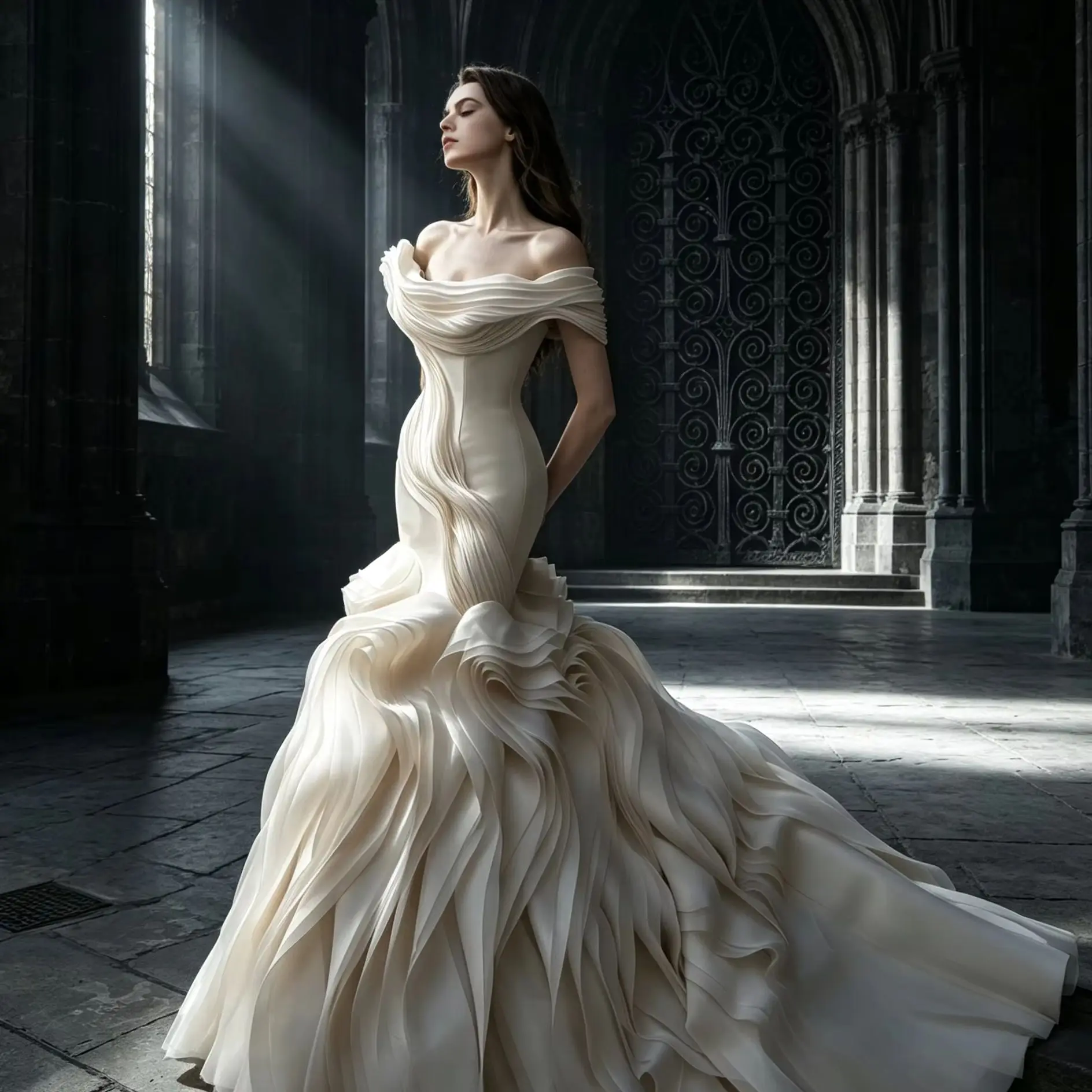 Off‑Shoulder Pleated Satin Mermaid Wedding Dress For Women Fitted Corset Back Bridal Gown Dramatic Ruffled Layered Sweep Train