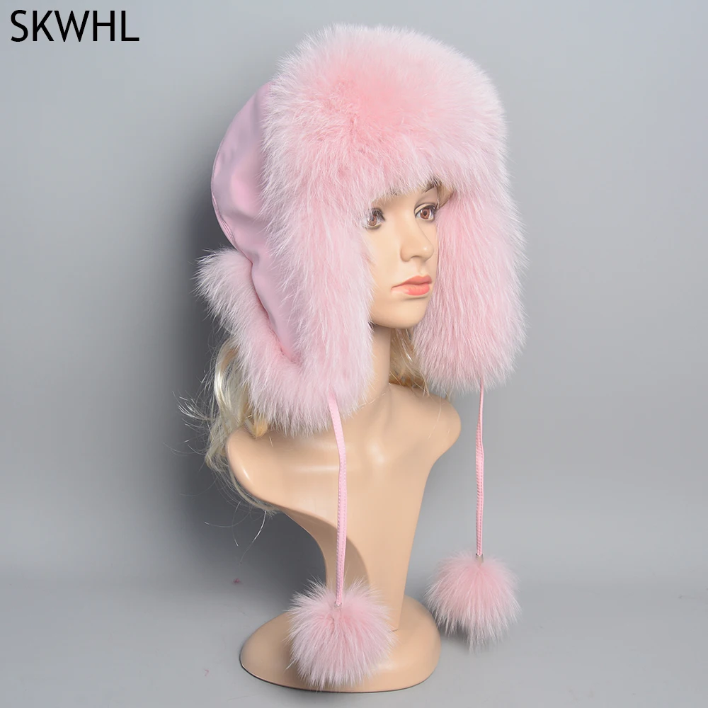 Natural Fox Fur Russian Aviation Hat with Ears Ushanka Women Winter Warm Fluffy Stylish Female Tail Cap Fashion Real Fur Hats