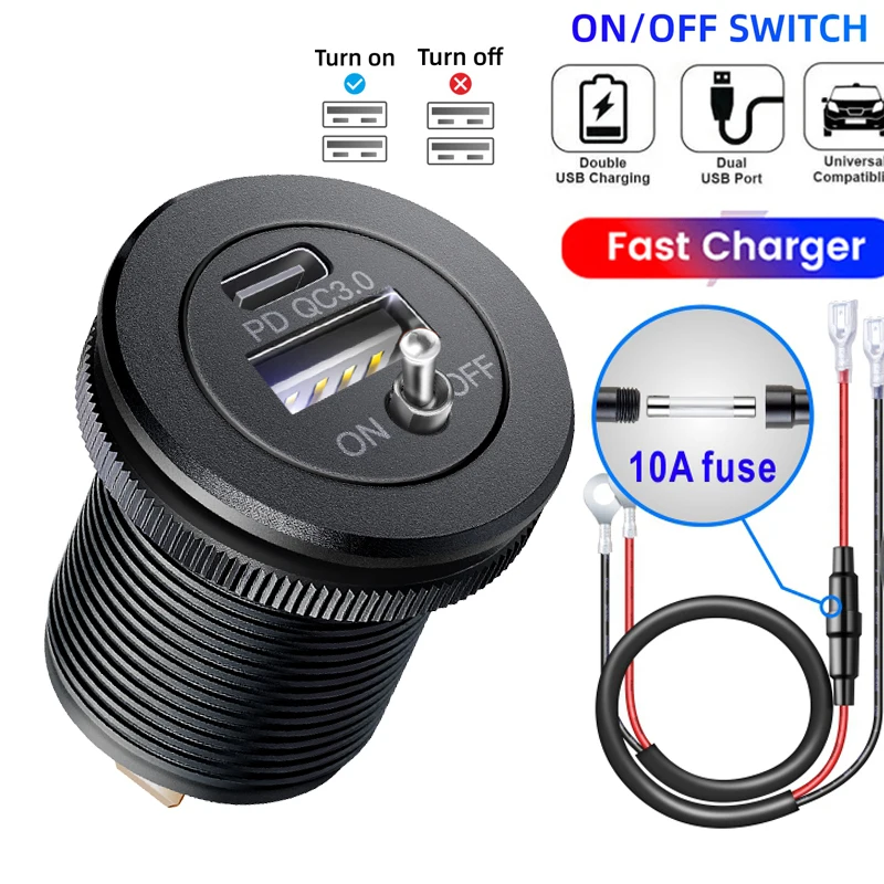 

USB C Car Charger Socket 12V/24V Dual USB Socket PD3.0 and QC3.0 Car Adapter Port With LED Voltmeter and On/Off Switch