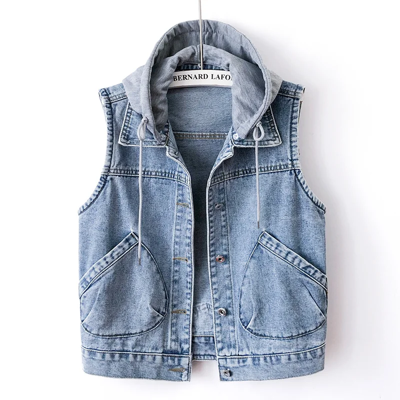 

Fashion Removable Hooded Vintage Lettered Embroidery Women Slim Short Denim Vest Spring Summer Lapel Sleeveless Cowboy Waistcoat