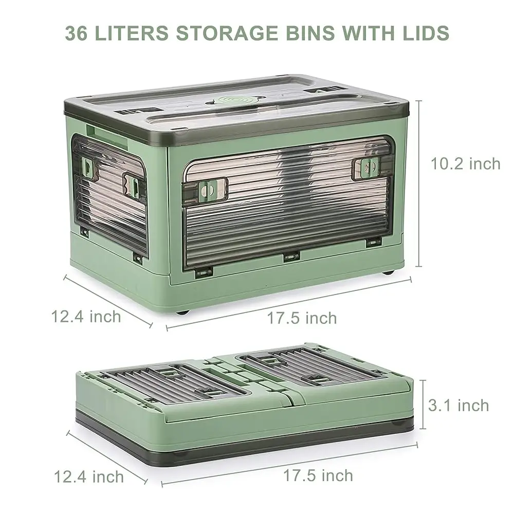 2 Pa Plastic 4 Doors Collapsible Storage Bins With Lid & Wheels, 36 Liters Folding Storage Bins, Stackable Multifunctional Box