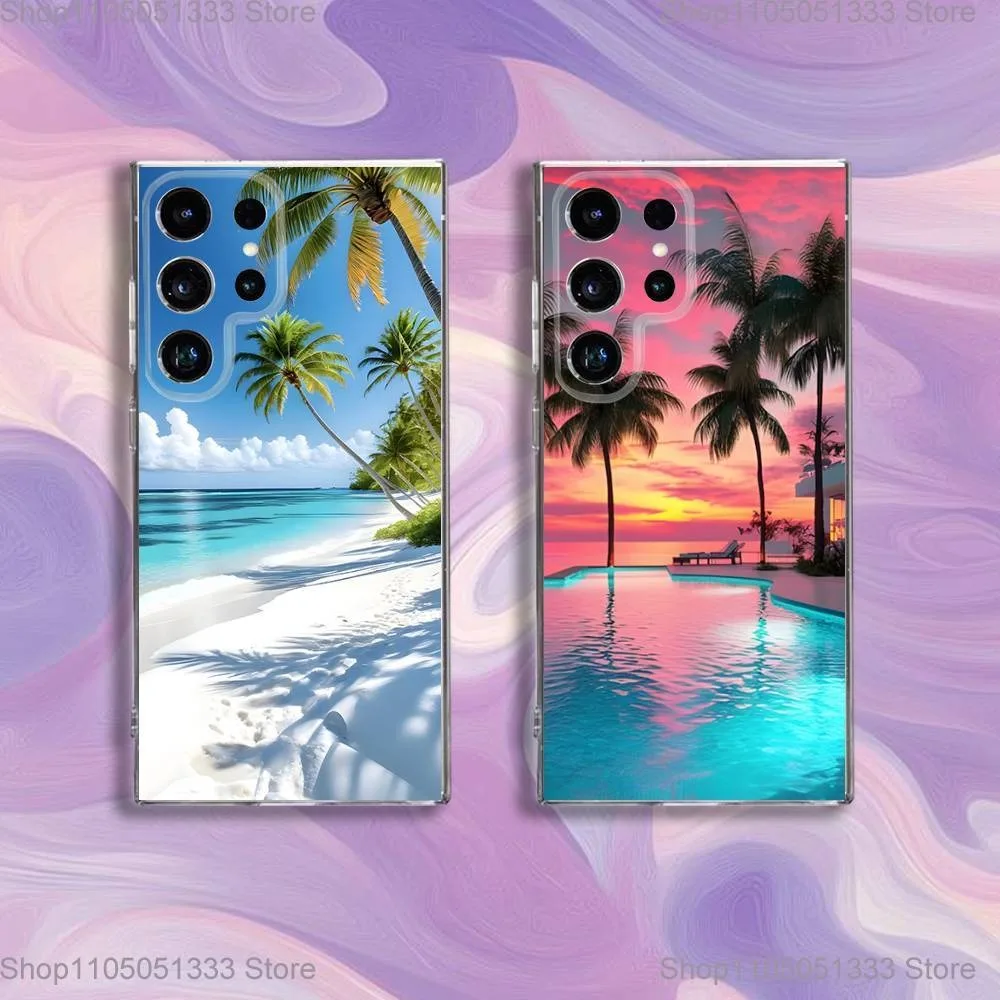 

Sea Tropical Palm Trees Beach Phone Case For Samsung S24,30,21,22,23,20 FE,lite,PIus,Ultra,5G,Note,9,10 Transparent Cover