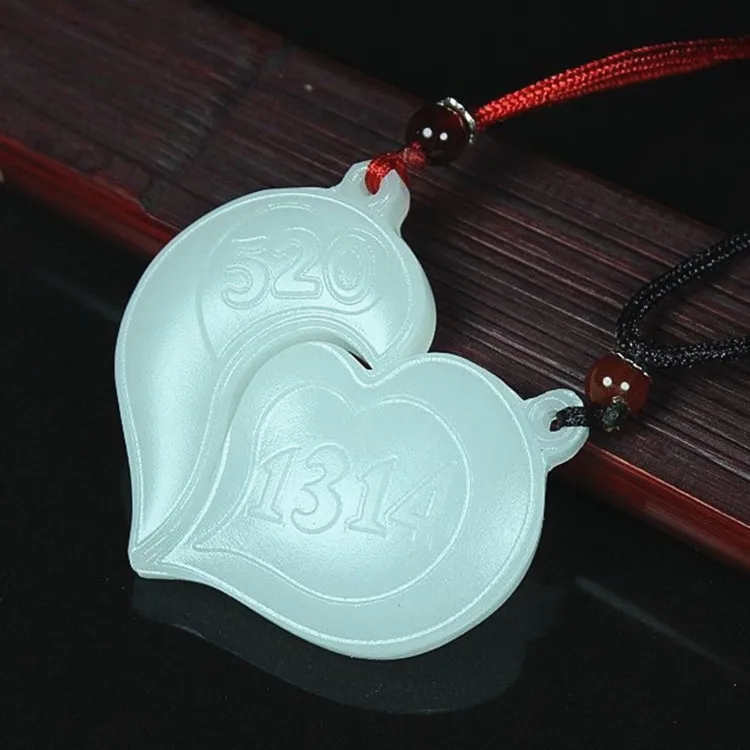 Natural Afghan white jade heart-shaped pendant lifelong love couple pendant necklace sweater chain jade pendant genuine